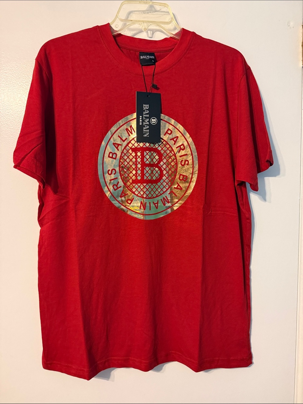 Balmain Red Short Sleeve Tee with Gold Logo Medallion